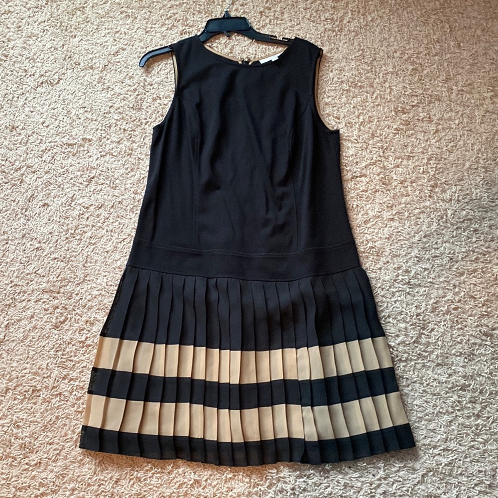 LOFT Black Sleeveless Dress with Beige and Black Striped Pleated Skirt